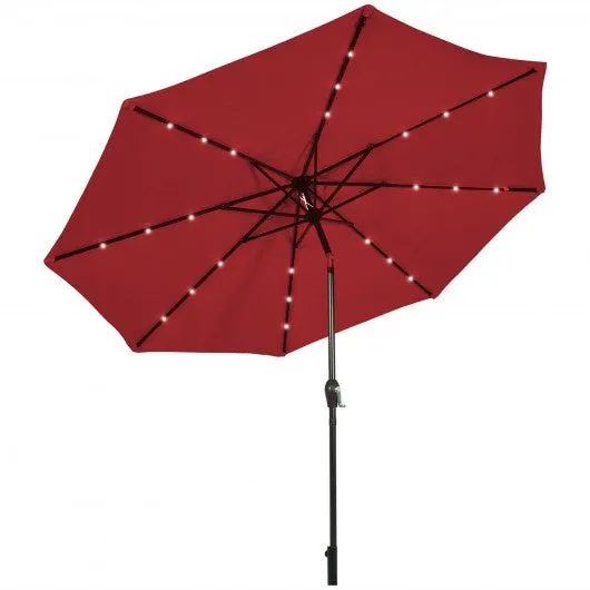 10' Solar LED Lighted Patio Market Umbrella Shade Tilt Adjustment Crank-Burgundy