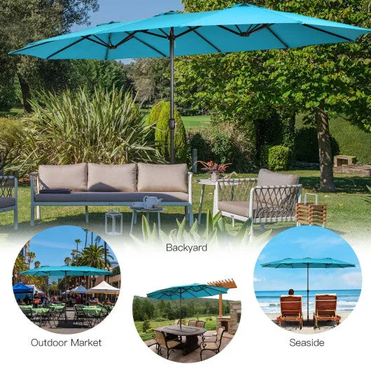 15 Feet Double-Sided Twin Patio Umbrella with Crank and Base-Turquoise