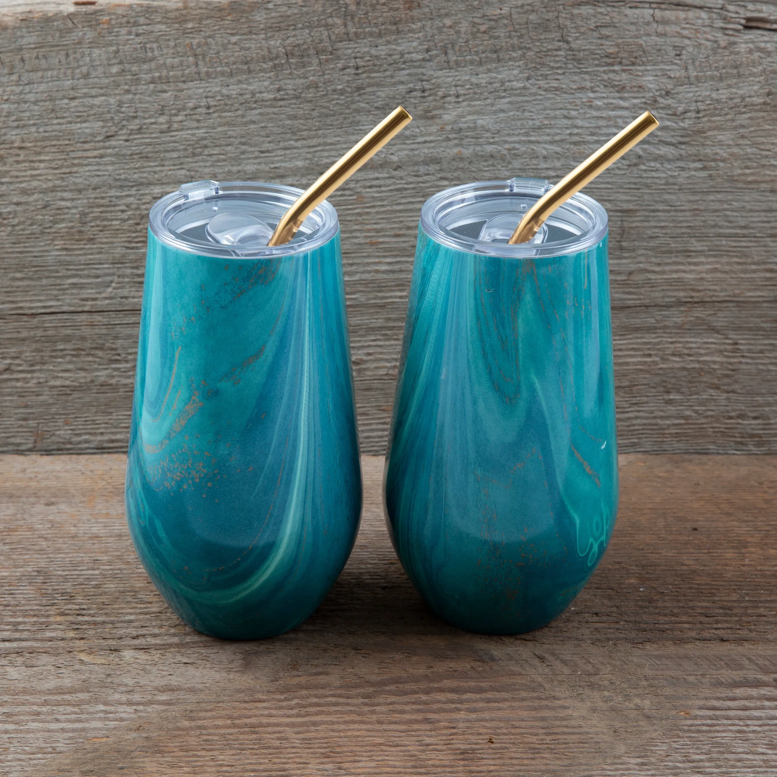 16 Oz Green Geo Tumblers With Straws, Set Of 2