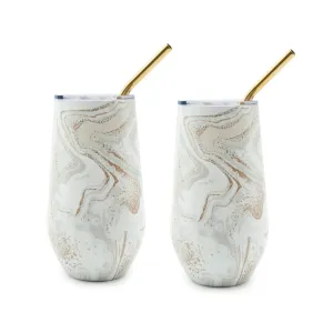 16 Oz White Geo Tumblers With Straws, Set Of 2