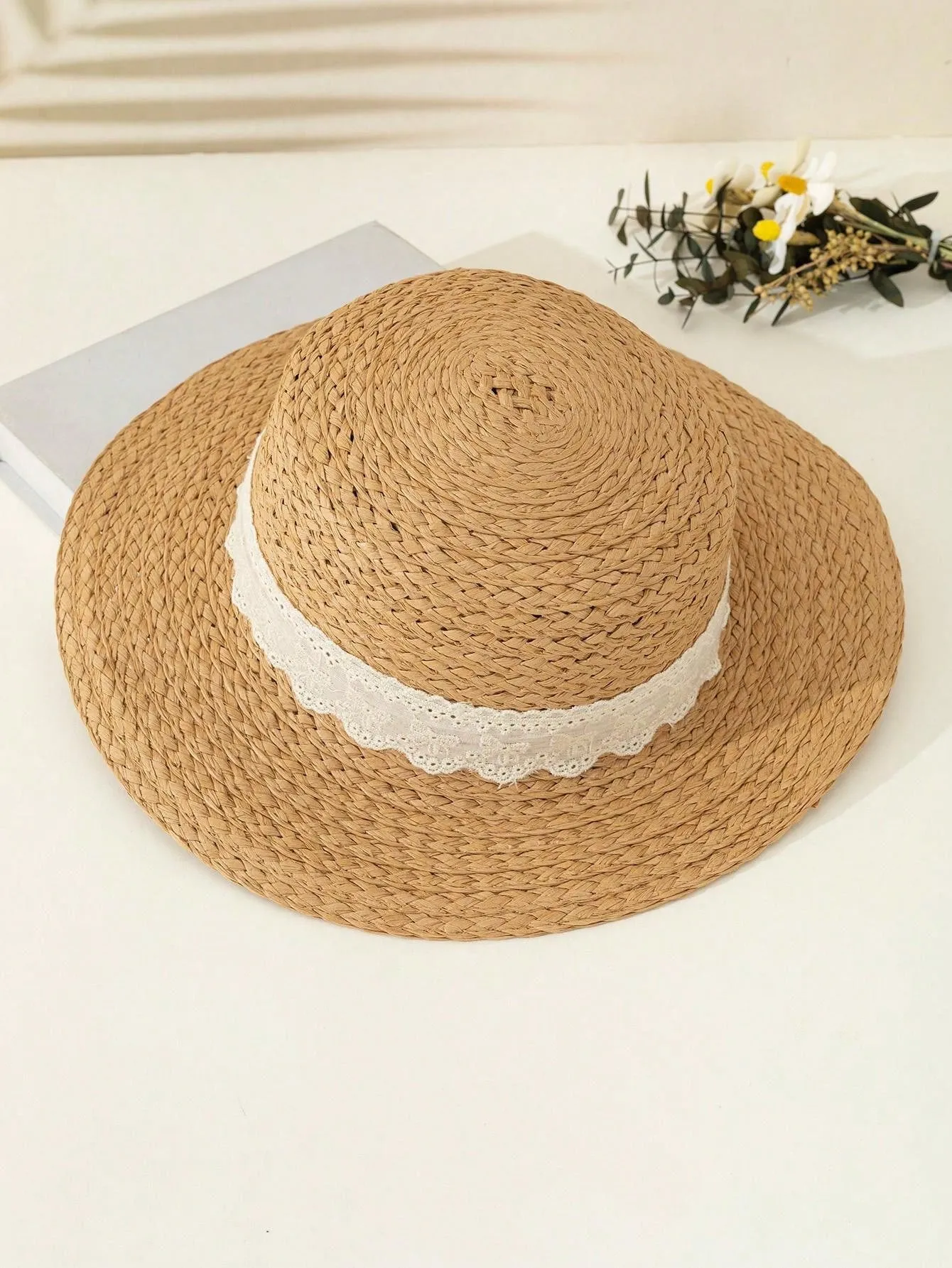 1pc Khaki Lace Bowknot Bohemian Style Sun Hat, Beach Vacation Sun Protection Hat