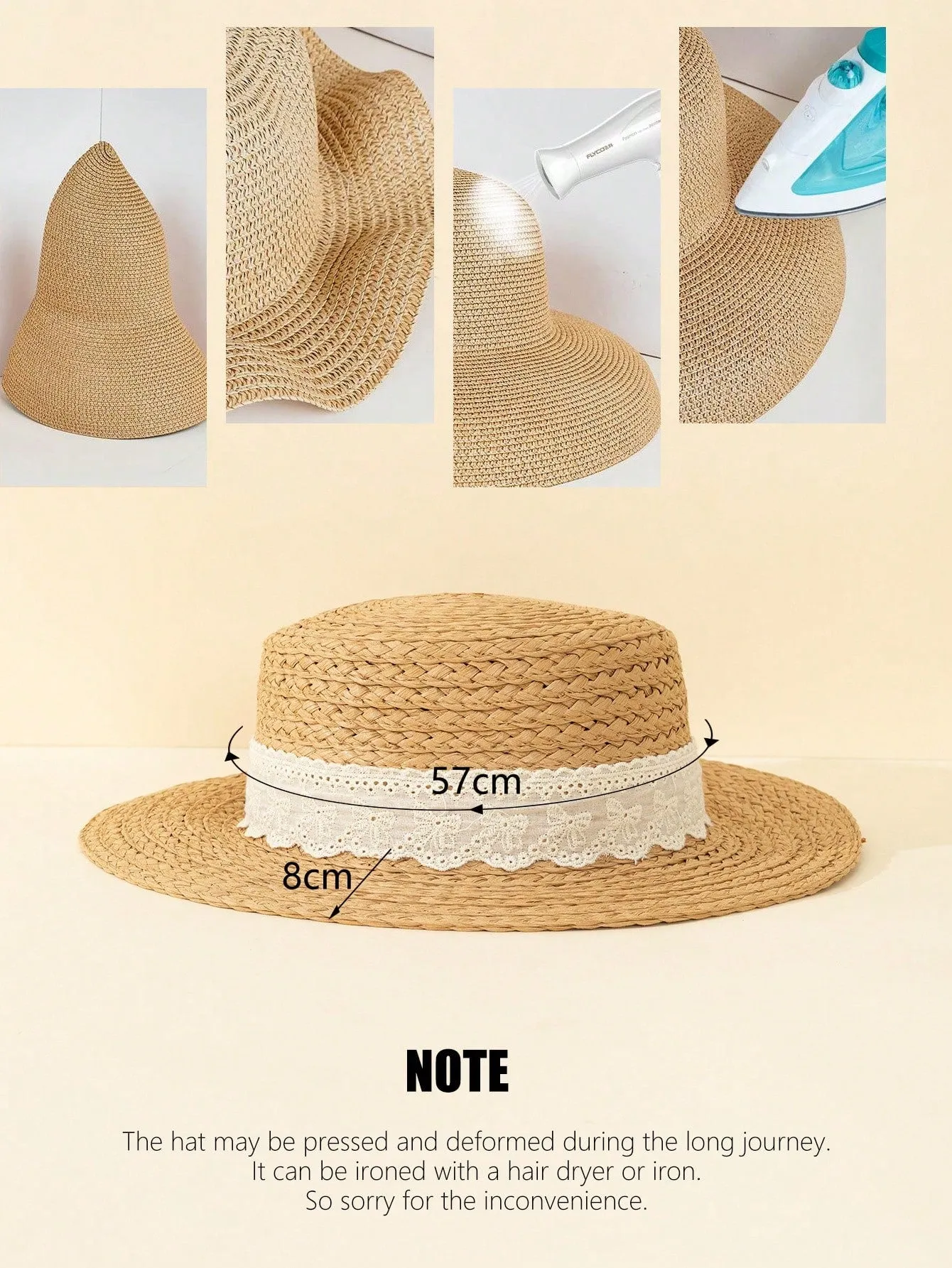 1pc Khaki Lace Bowknot Bohemian Style Sun Hat, Beach Vacation Sun Protection Hat