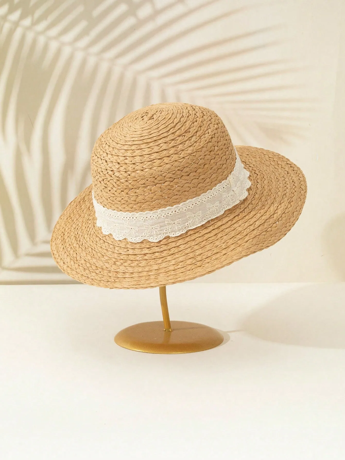 1pc Khaki Lace Bowknot Bohemian Style Sun Hat, Beach Vacation Sun Protection Hat