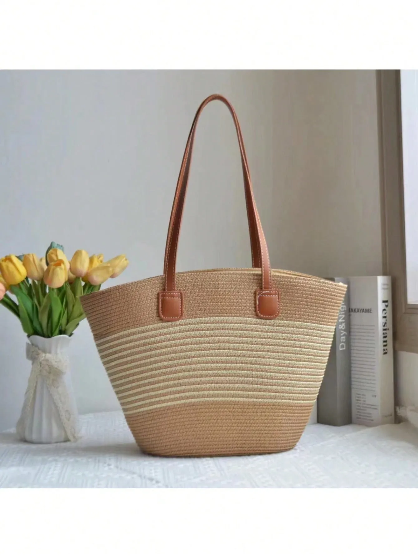 1pc Women Sun Hat With Wide Brim   1pc Women Fashionable Woven Handbag