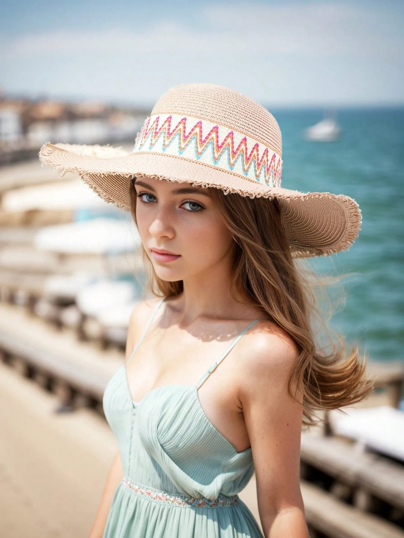 1pc Women's Sun Straw Hat Wide Brimmed Summer Hat Foldable Rolled Up Soft Beach Hat Ladies DIY Rainbow Webbing Personalized Straw Hat