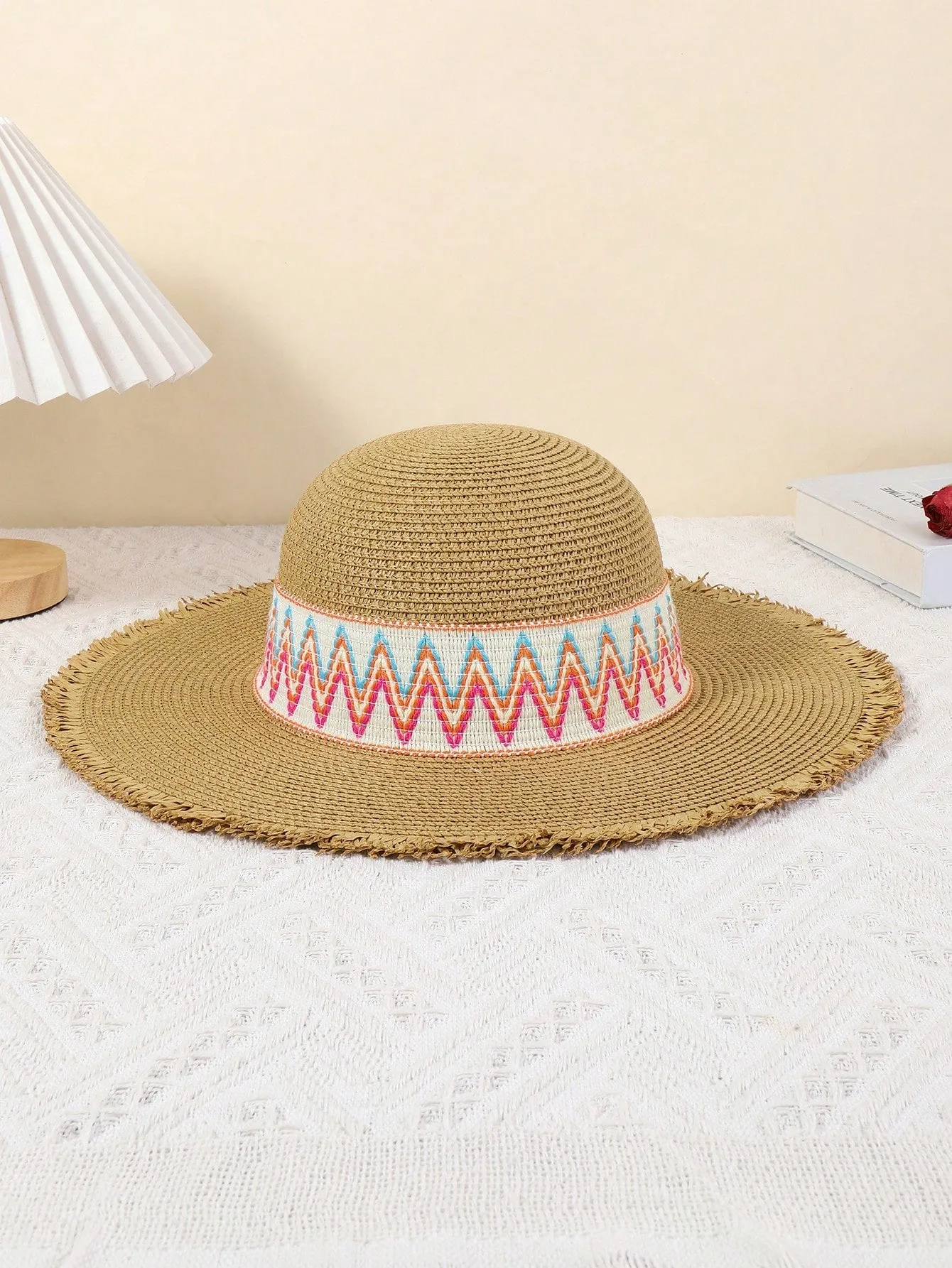 1pc Women's Sun Straw Hat Wide Brimmed Summer Hat Foldable Rolled Up Soft Beach Hat Ladies DIY Rainbow Webbing Personalized Straw Hat