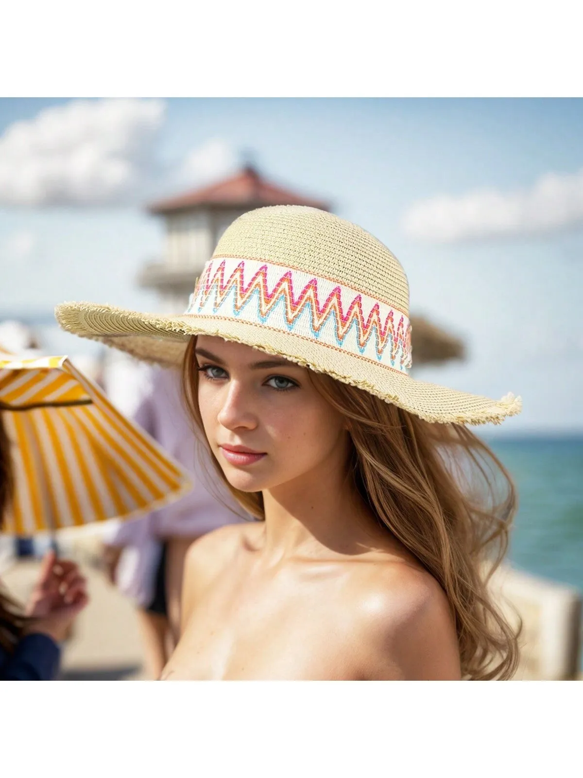 1pc Women's Sun Straw Hat Wide Brimmed Summer Hat Foldable Rolled Up Soft Beach Hat Ladies DIY Rainbow Webbing Personalized Straw Hat