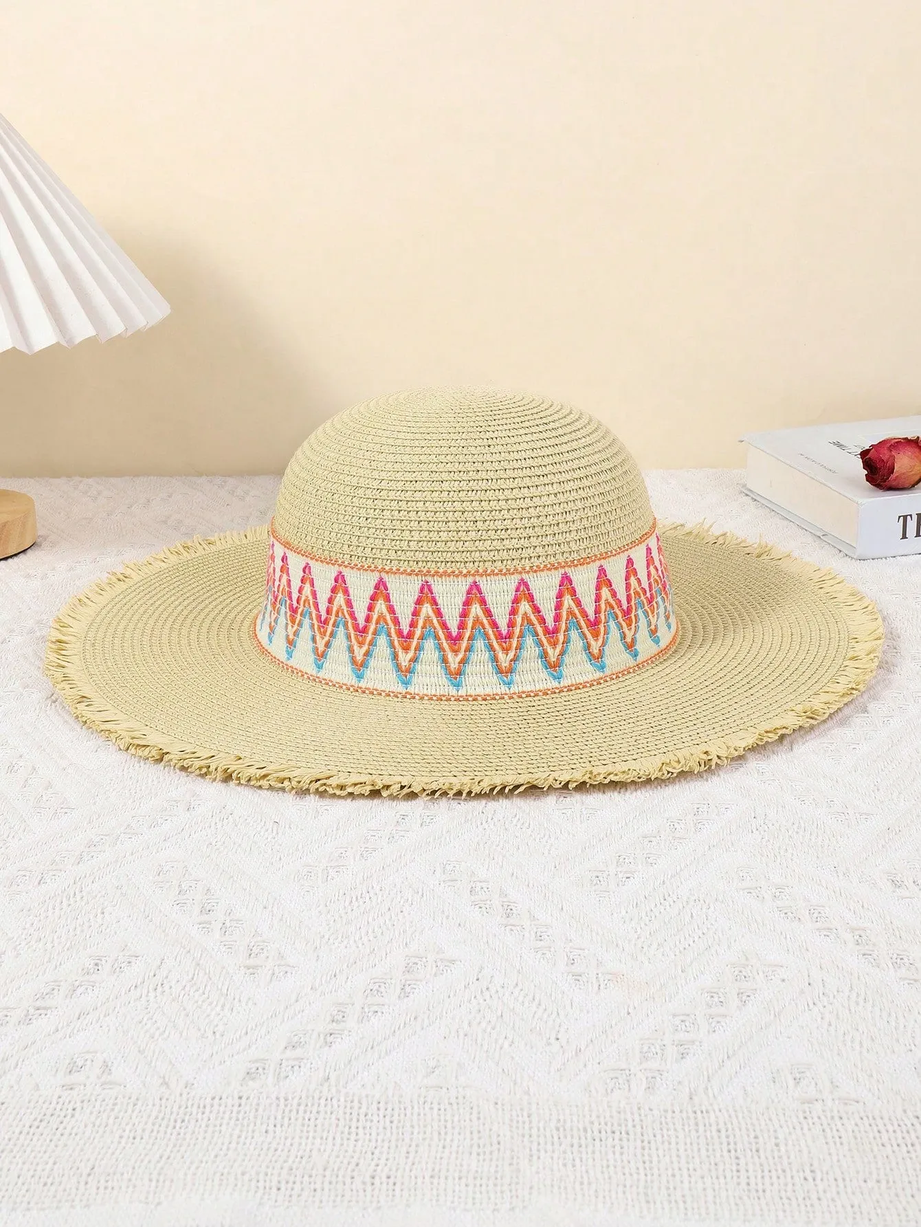 1pc Women's Sun Straw Hat Wide Brimmed Summer Hat Foldable Rolled Up Soft Beach Hat Ladies DIY Rainbow Webbing Personalized Straw Hat