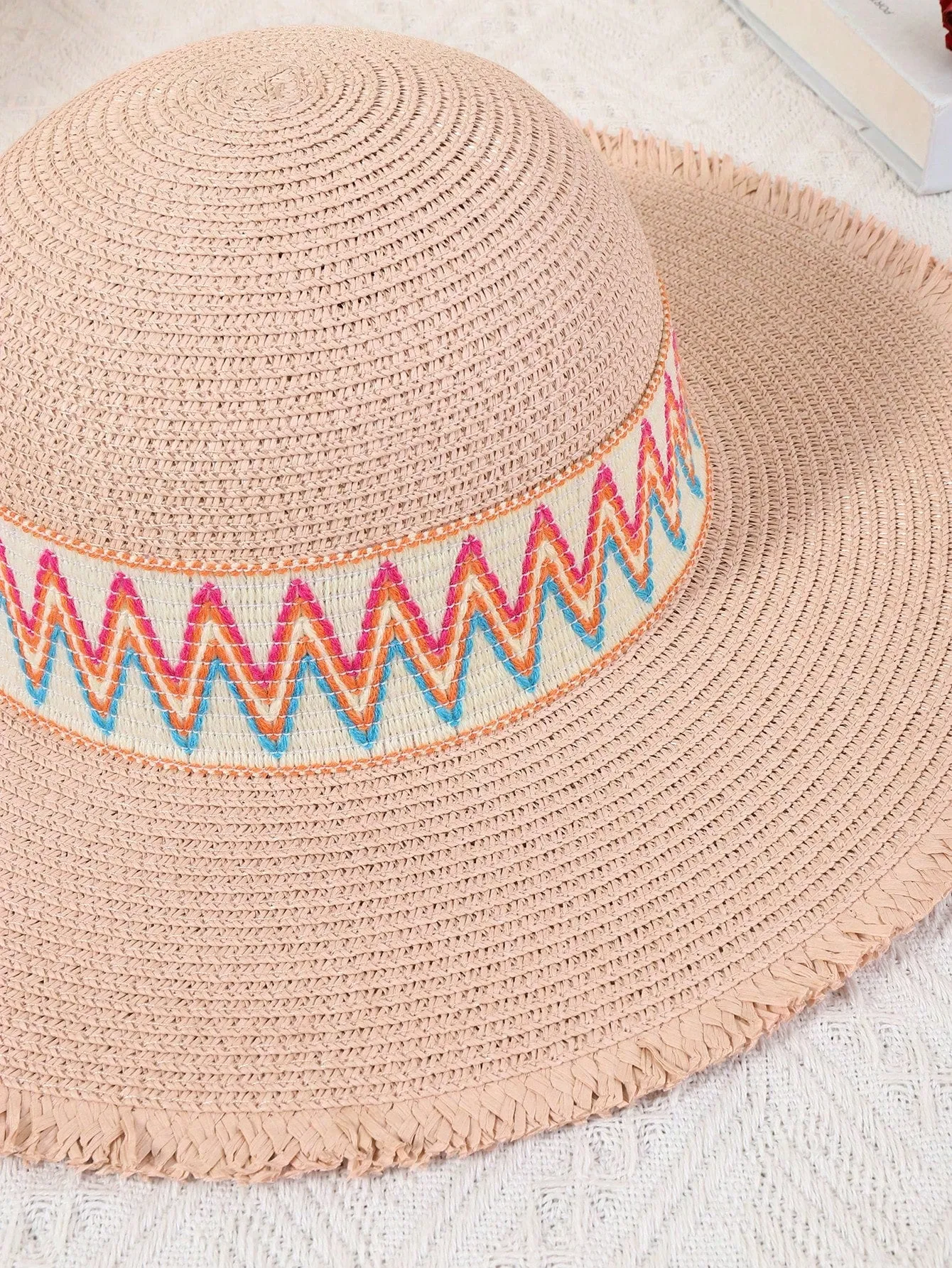 1pc Women's Sun Straw Hat Wide Brimmed Summer Hat Foldable Rolled Up Soft Beach Hat Ladies DIY Rainbow Webbing Personalized Straw Hat