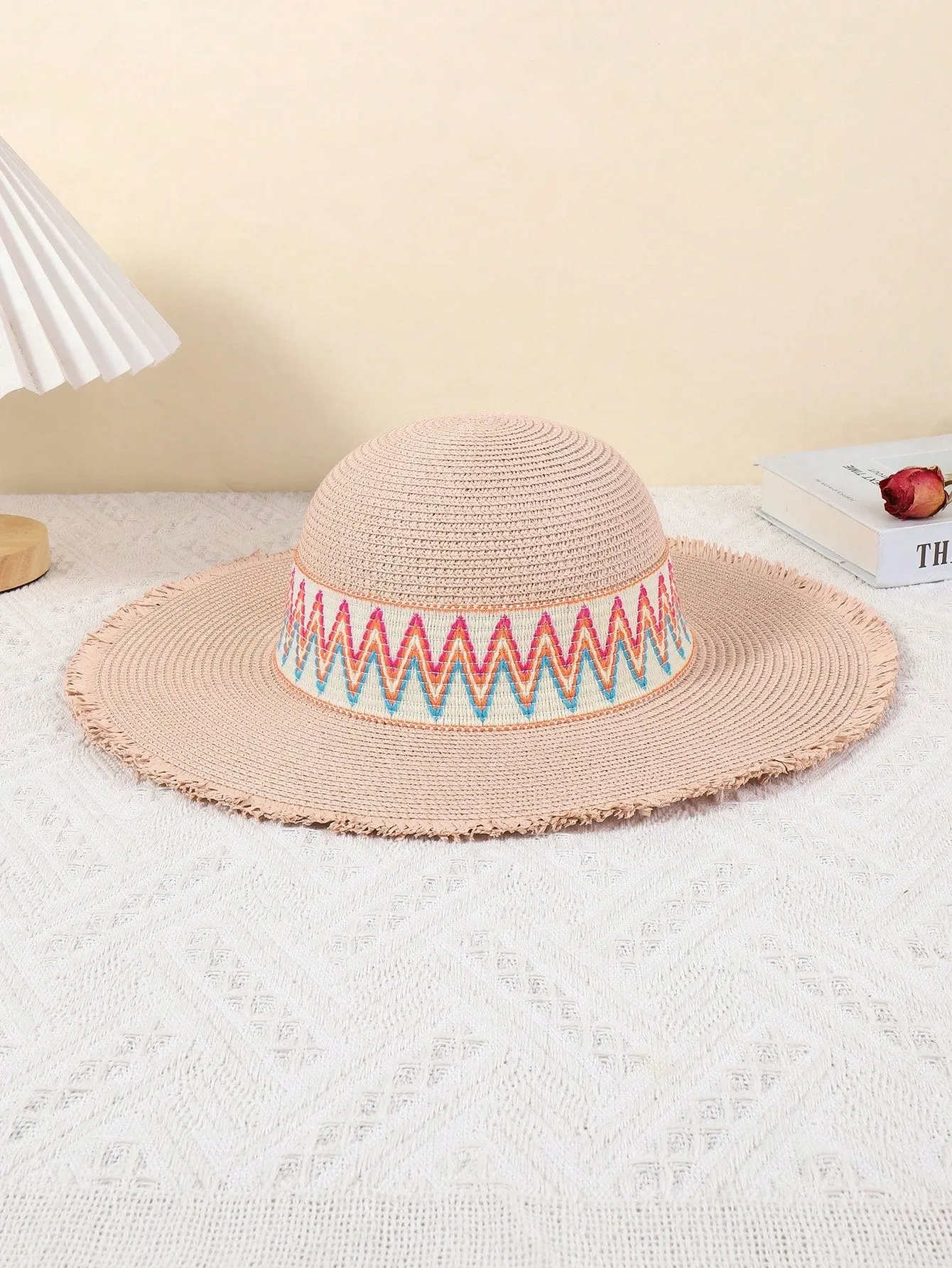 1pc Women's Sun Straw Hat Wide Brimmed Summer Hat Foldable Rolled Up Soft Beach Hat Ladies DIY Rainbow Webbing Personalized Straw Hat