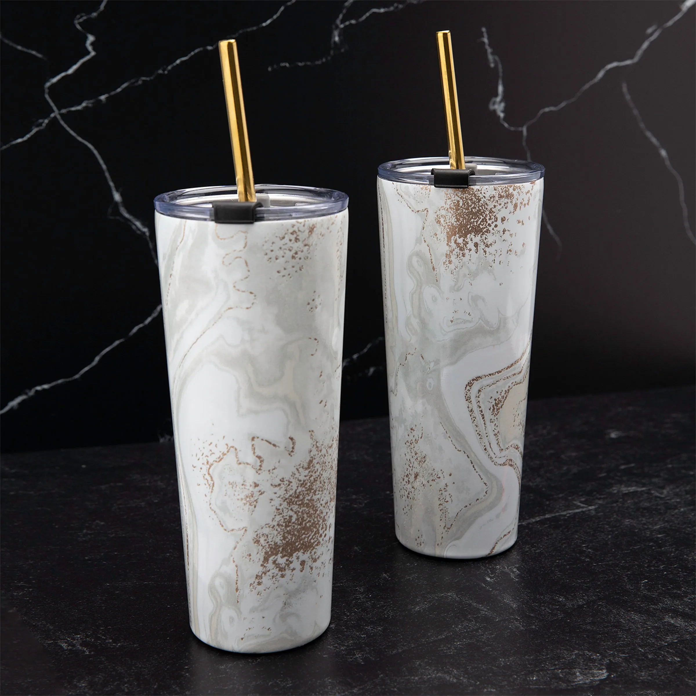 24 Oz White Geo Insulated Tumblers, Set Of 2