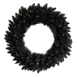 24" Black Artificial Wreath with 35 Warm White LED Lights