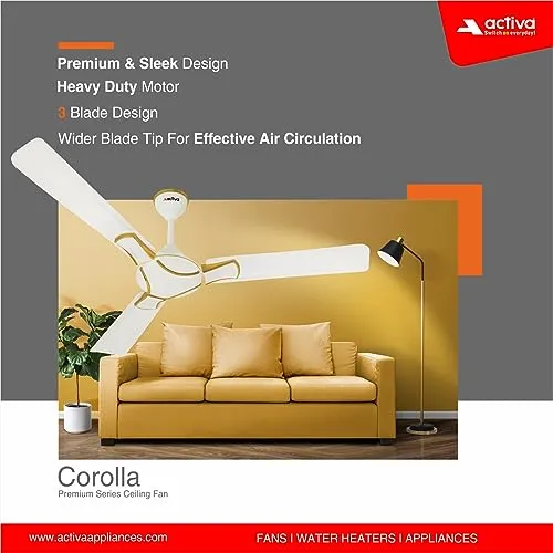 ACTIVA 1200 MM HIGH Speed 390 RPM BEE Approved Anti DUST Coating Pure Copper Corolla Ceiling Fan 2 Year Warranty (Pearl Ivory)