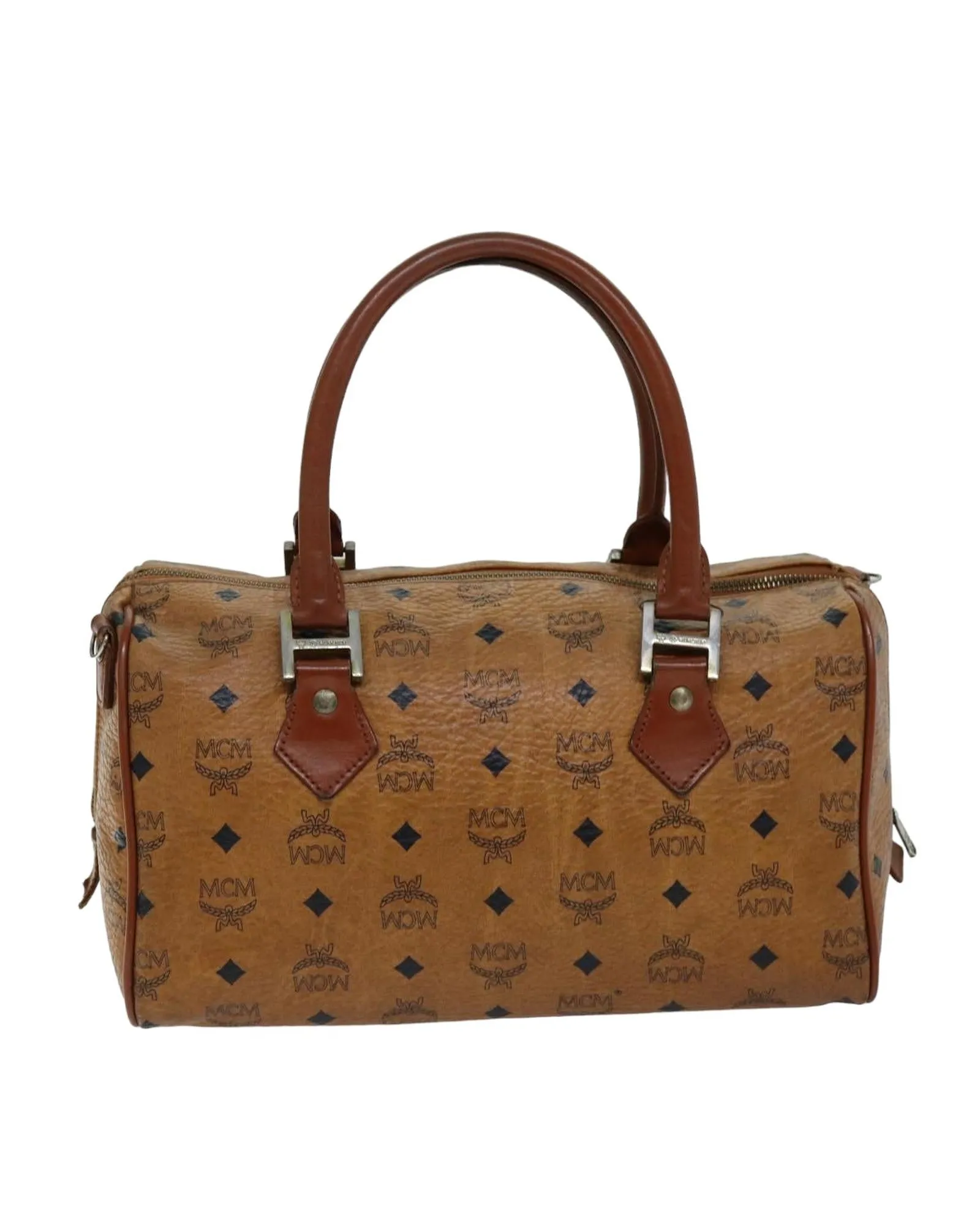 Brown PVC Leather Boston Bag with Logogram Pattern - C Rank