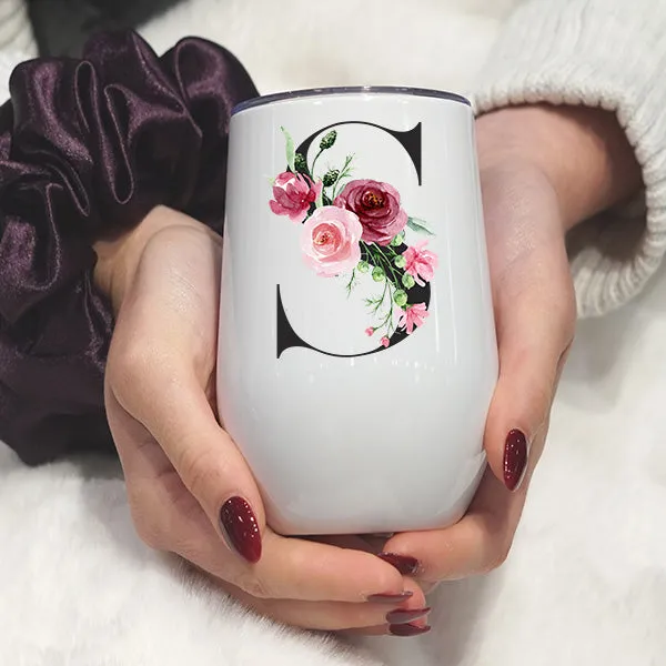 Custom Gift for Her - Wine Tumbler Personalized with Floral Initials, Name and Title or Date