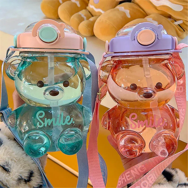 Cute Bear Shaped Water Bottle with Straw and Strap - 1000ml