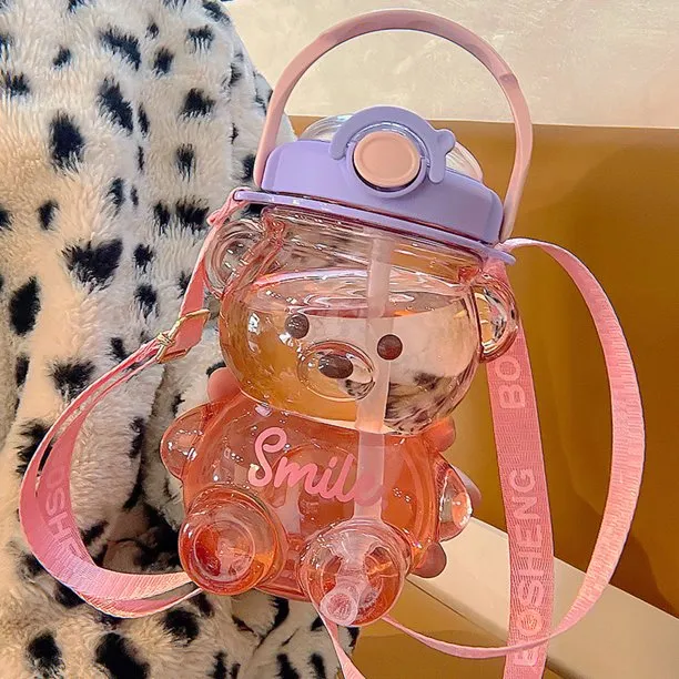 Cute Bear Shaped Water Bottle with Straw and Strap - 1000ml