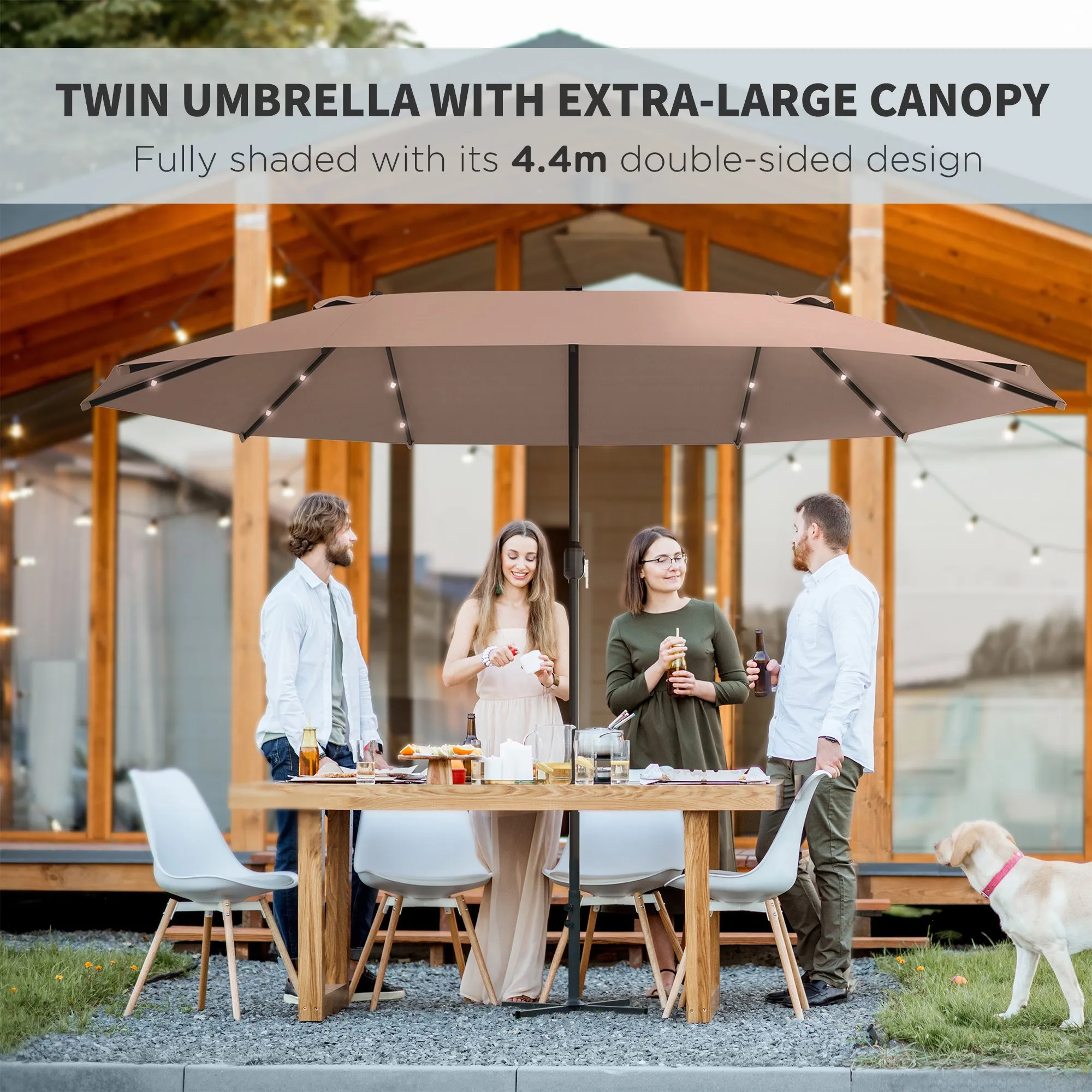 Garden Parasol 4.4m Double-Sided Sun Umbrella Patio Sun Shade Outdoor with LED Solar Light , Khaki