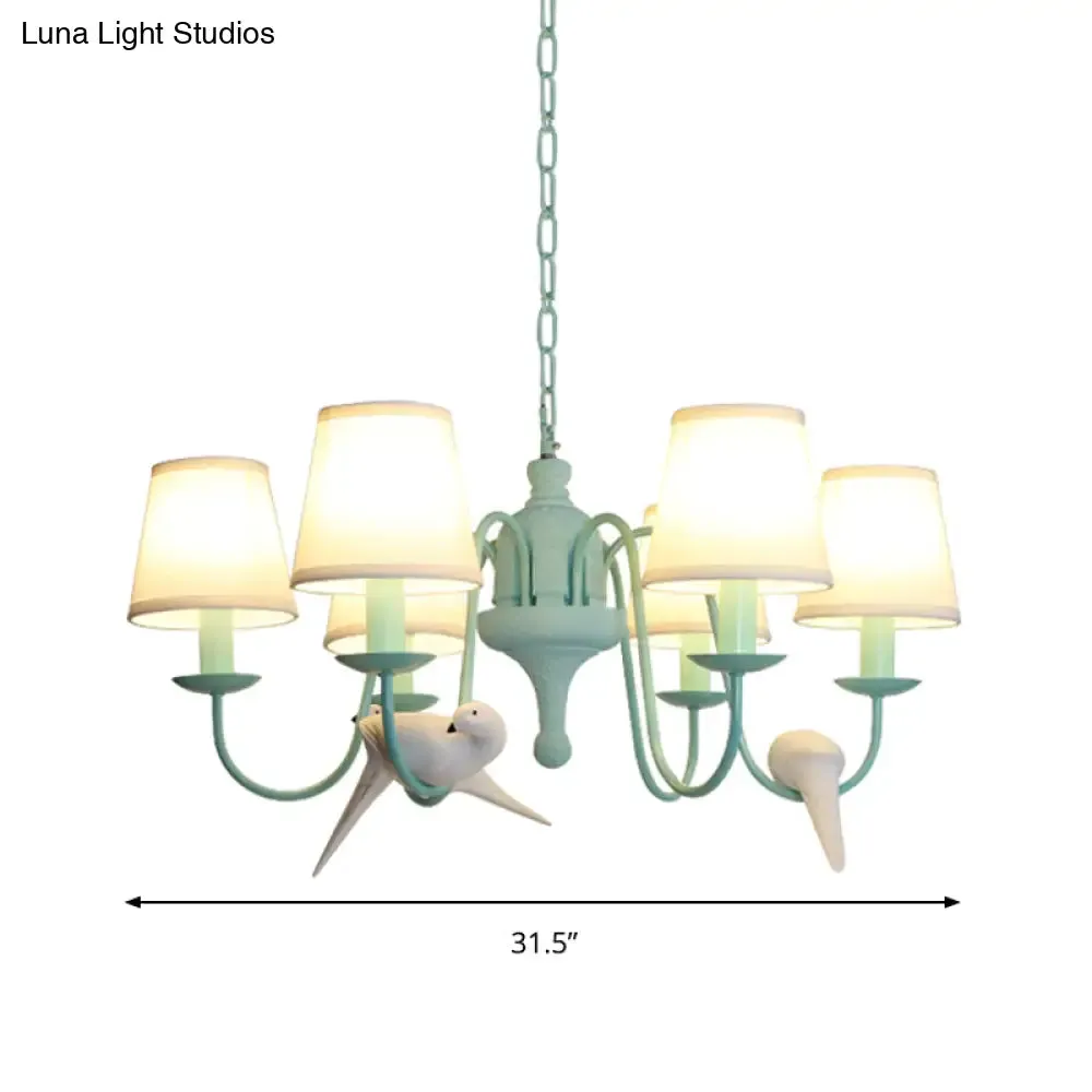 Green Fabric Tapered Shade Chandelier: Vivid Bird Design, 6 Lights - Contemporary Hanging Light