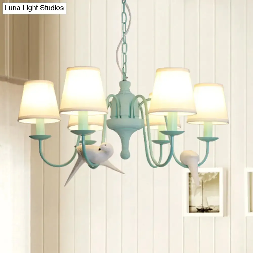 Green Fabric Tapered Shade Chandelier: Vivid Bird Design, 6 Lights - Contemporary Hanging Light