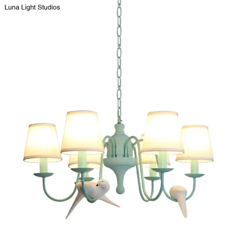 Green Fabric Tapered Shade Chandelier: Vivid Bird Design, 6 Lights - Contemporary Hanging Light