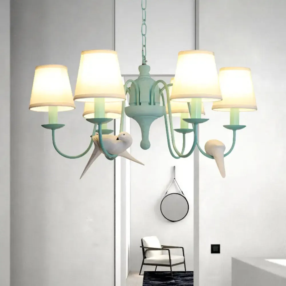 Green Fabric Tapered Shade Chandelier: Vivid Bird Design, 6 Lights - Contemporary Hanging Light