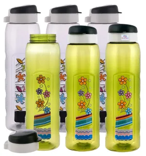 Heart Home Plastic Water Bottle With Sipper- 1 Litre, Pack of 6 (Green & Grey)