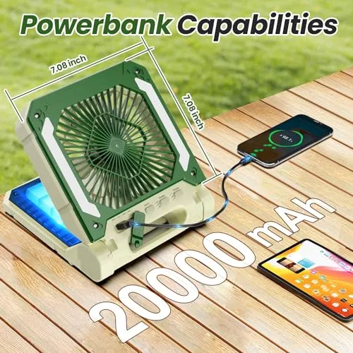 Innopower Battery Powered Fan 20000mAh Rechargeable Solar Portable Fan with Led Lantern, 3 Speeds Cordless Camping Fan with PowerBank,Timer, Hangable & Quiet Desk Fan for Tent Hurricane(Beige)