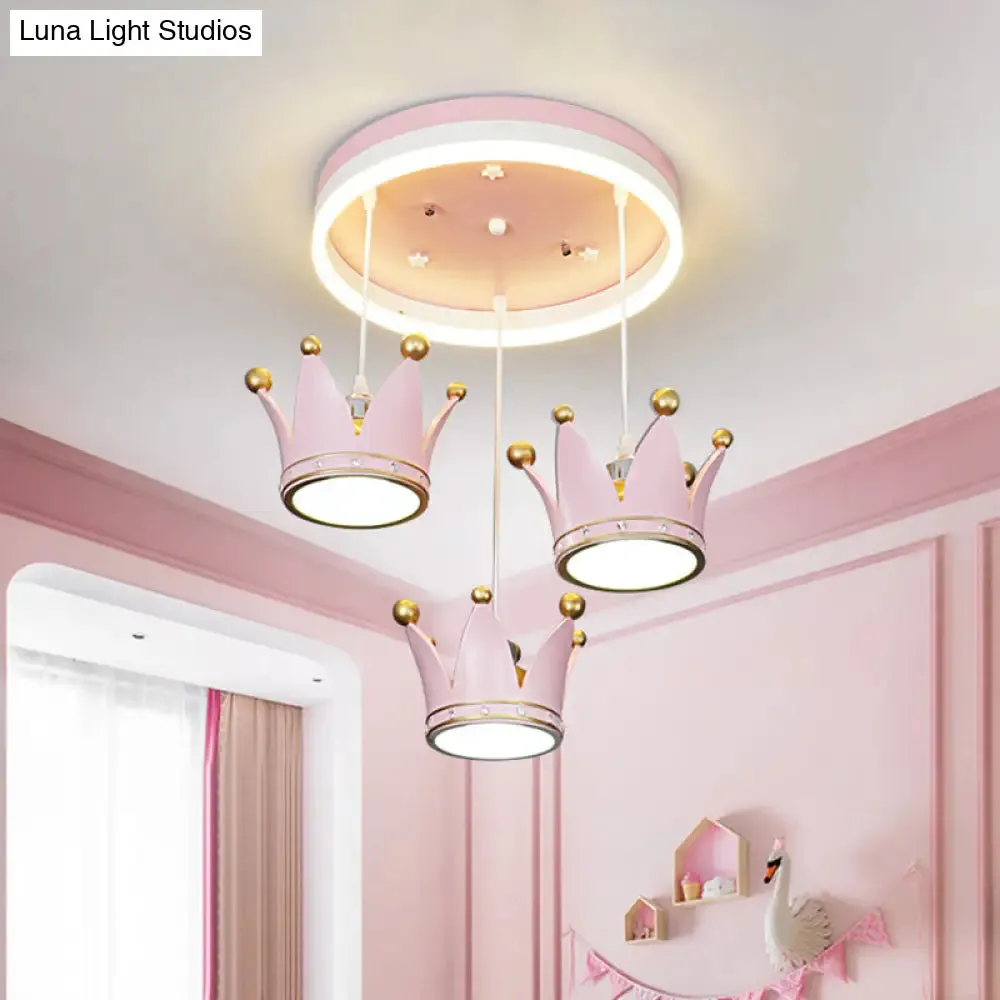 Kids 3-Light Pink LED Flush Ceiling Lamp with Acrylic Loop Shape and Crown Draping Shade