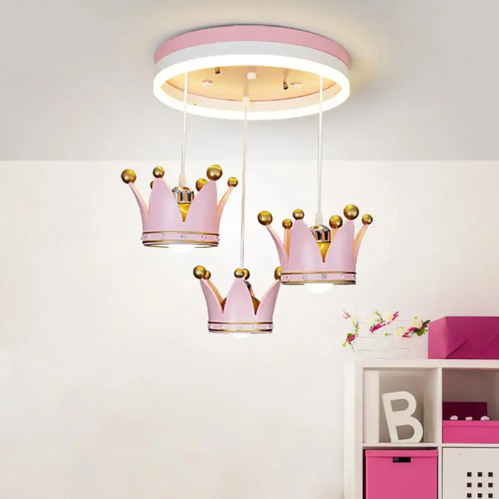 Kids 3-Light Pink LED Flush Ceiling Lamp with Acrylic Loop Shape and Crown Draping Shade