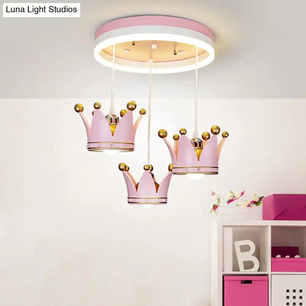 Kids 3-Light Pink LED Flush Ceiling Lamp with Acrylic Loop Shape and Crown Draping Shade