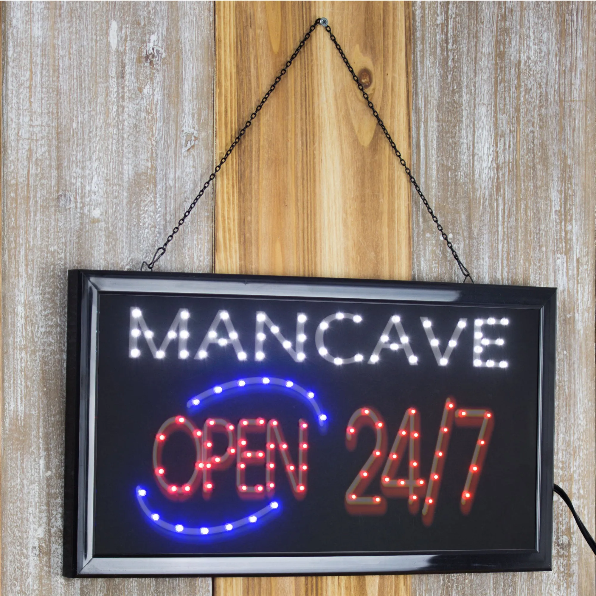 Man Cave Open 24/7 Framed LED Sign