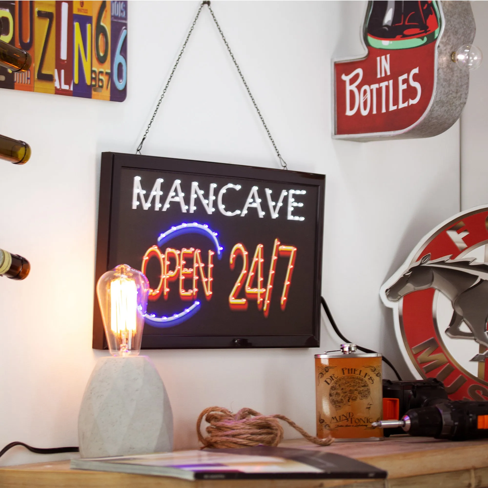 Man Cave Open 24/7 Framed LED Sign