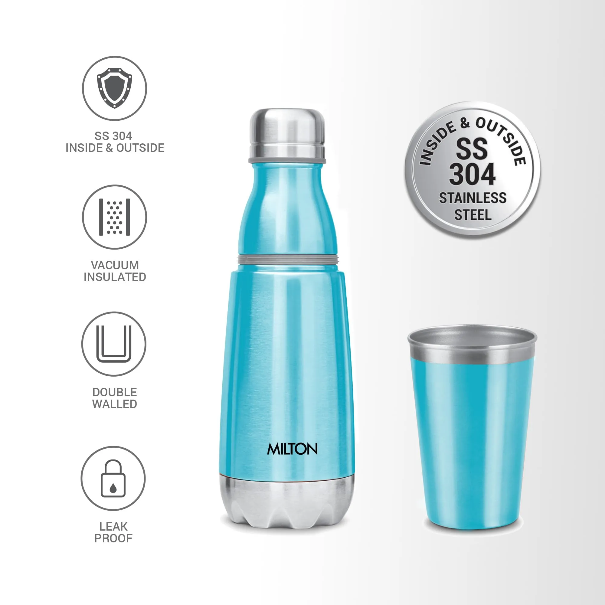 Milton Vertex Steel 500 Thermosteel 24 Hours Hot or Cold Water Bottle with Unbreakable Tumbler, 500 ml, Metalic Sky Blue