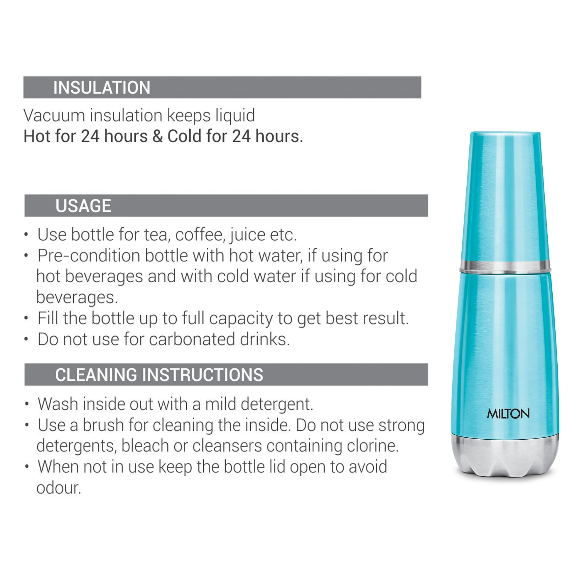 Milton Vertex Steel 500 Thermosteel 24 Hours Hot or Cold Water Bottle with Unbreakable Tumbler, 500 ml, Metalic Sky Blue