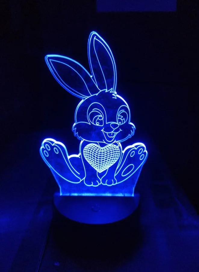 Multi-color Rabbit 3D Acrylic LED Light, USB Desk Lamp, 16 Color with remote control, Battery and USB Powered