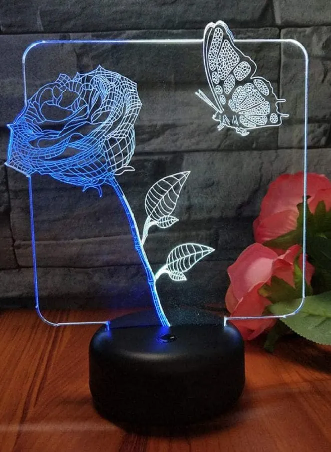 Multi-color Rose and Butterfly 3D Acrylic LED Light, USB Desk Lamp, 16 Color with remote control, Battery and USB Powered