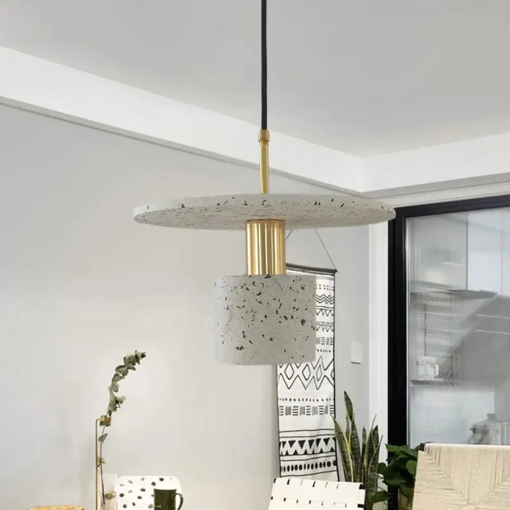 Nordic Terrazzo Pendant Lamp in White/Black/Pink: Round Plate and Cylinder Design, Perfect for Coffee House Lighting