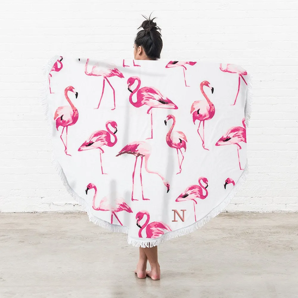 PERSONALIZED ROUND BEACH TOWEL - FLAMINGO PATTERN