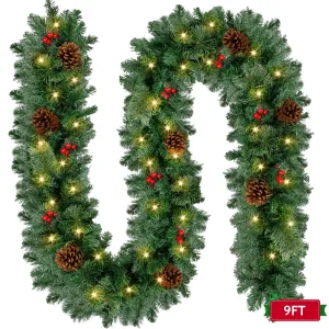 premium Yexmas 9ft Large Christmas Garland, Multi-Purpose Xmas Wreath with 60 LED Lights, Decorated with Pinecones, Berry Clusters, Battery Operated Green&L pine cone