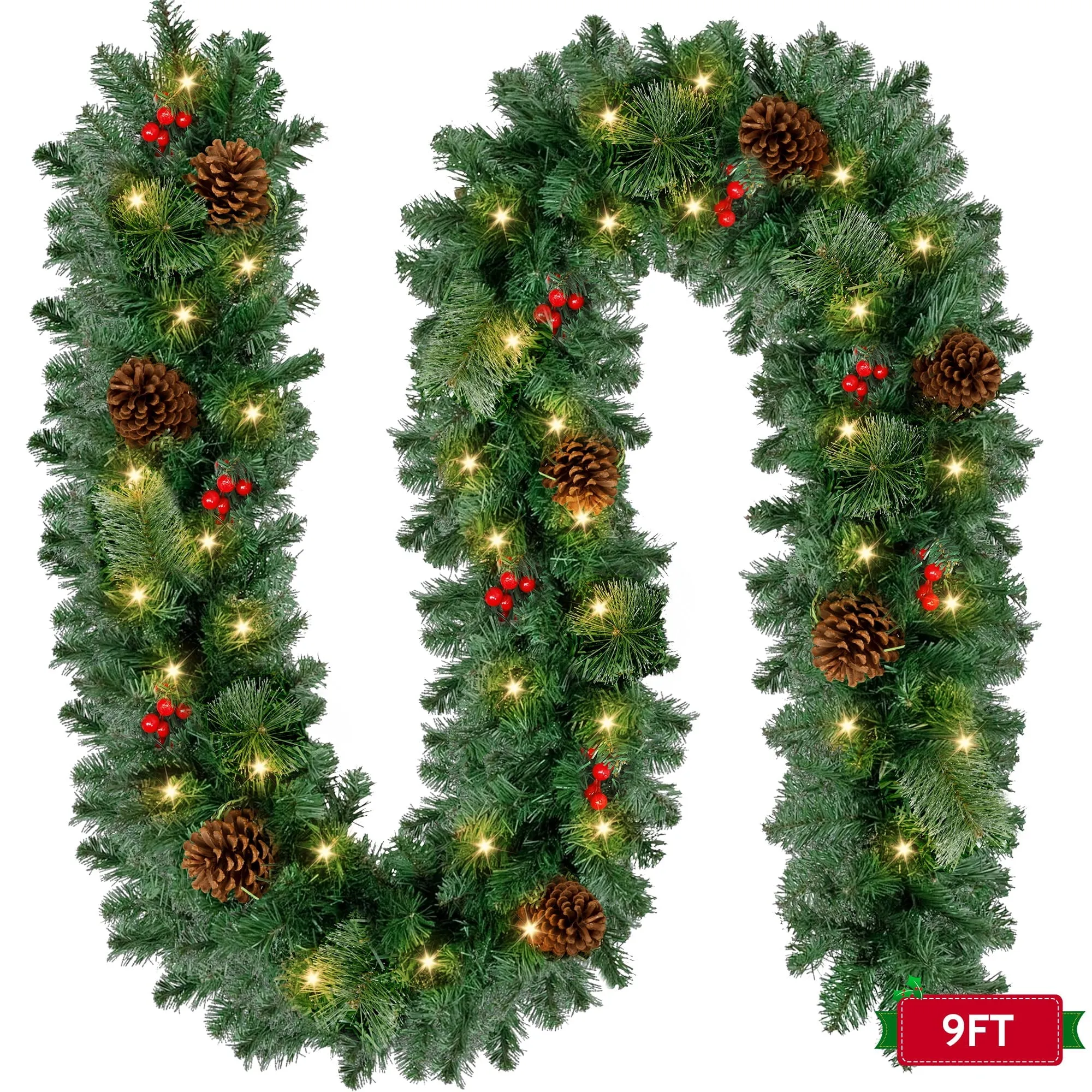 premium Yexmas 9ft Large Christmas Garland, Multi-Purpose Xmas Wreath with 60 LED Lights, Decorated with Pinecones, Berry Clusters, Battery Operated Green&L pine cone