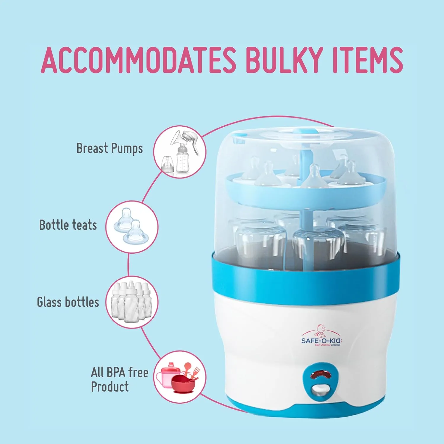 Safe-O-Kid® 6 Bottles Advanced Sterilizer for Feeding Bottles- Large Capacity