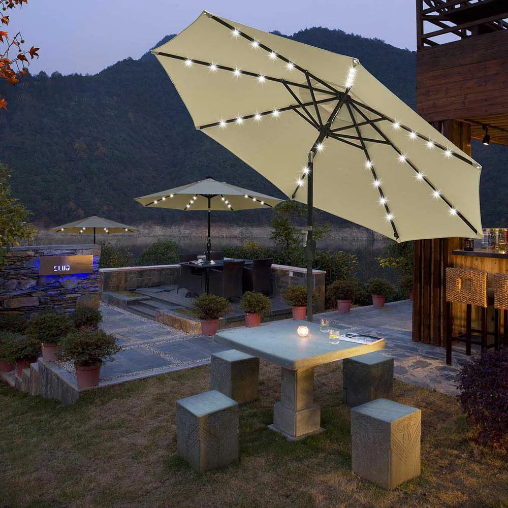 Solar Patio Umbrella with Light Bulbs Tilt Metal 9ft 8-Rib