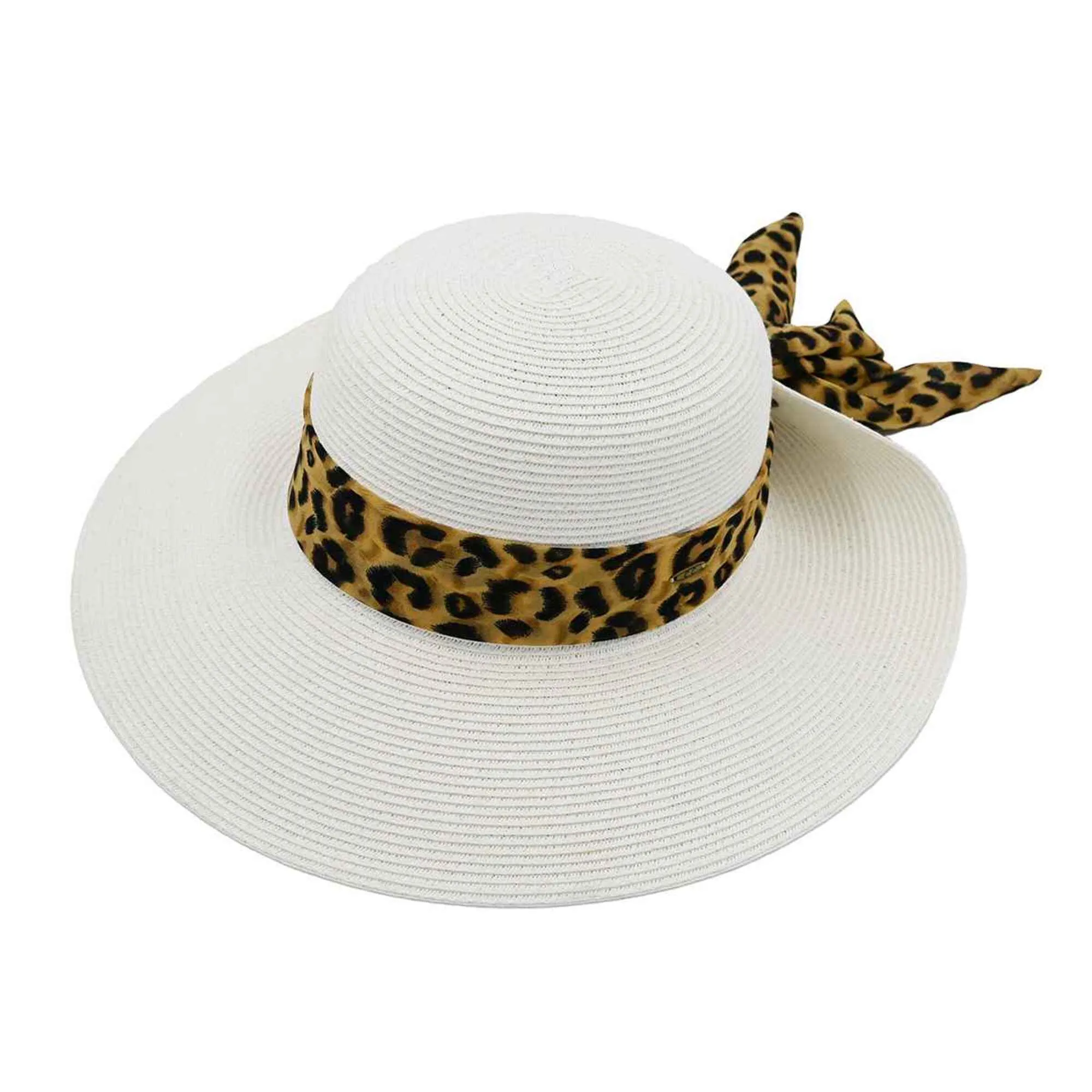 STH13 Leopard Print Ribbon Band Rolled Sun Hat