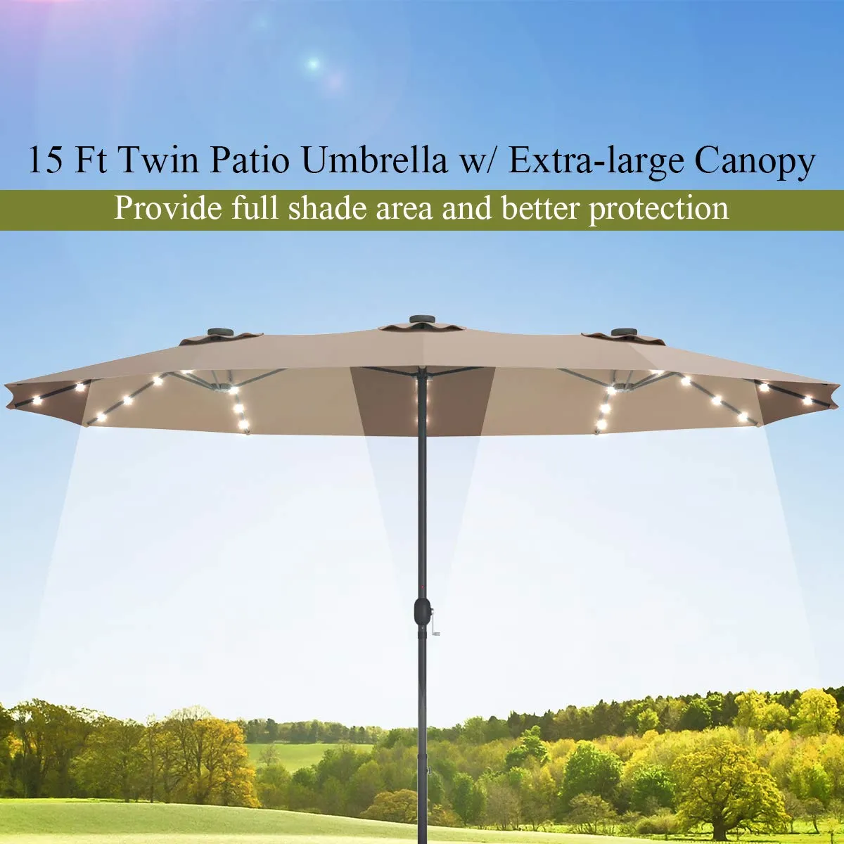 Tangkula 15 Ft Solar LED Patio Double-Sided Umbrella with Base