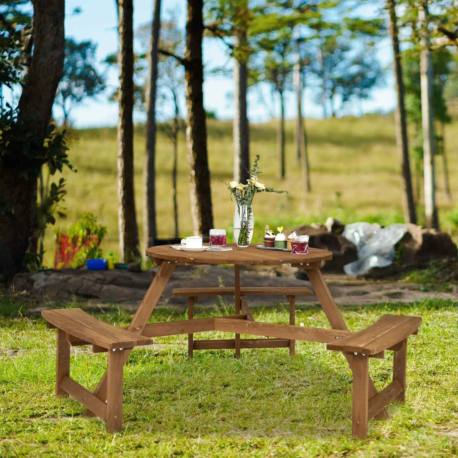 Tangkula 6 Person Wooden Picnic Table, Outdoor Round Picnic Table with 3 Built-in Benches