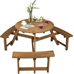 Tangkula 6 Person Wooden Picnic Table, Outdoor Round Picnic Table with 3 Built-in Benches