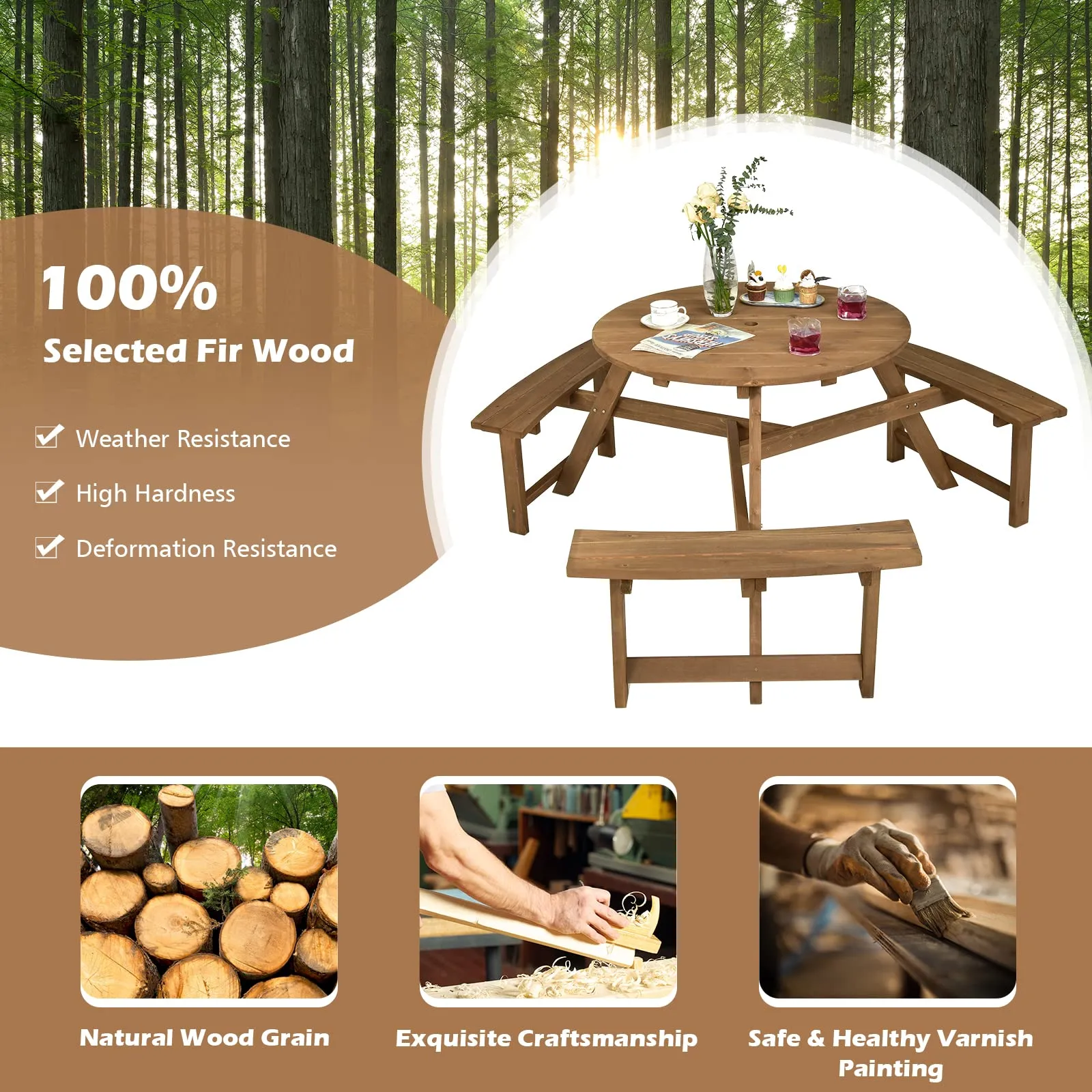 Tangkula 6 Person Wooden Picnic Table, Outdoor Round Picnic Table with 3 Built-in Benches