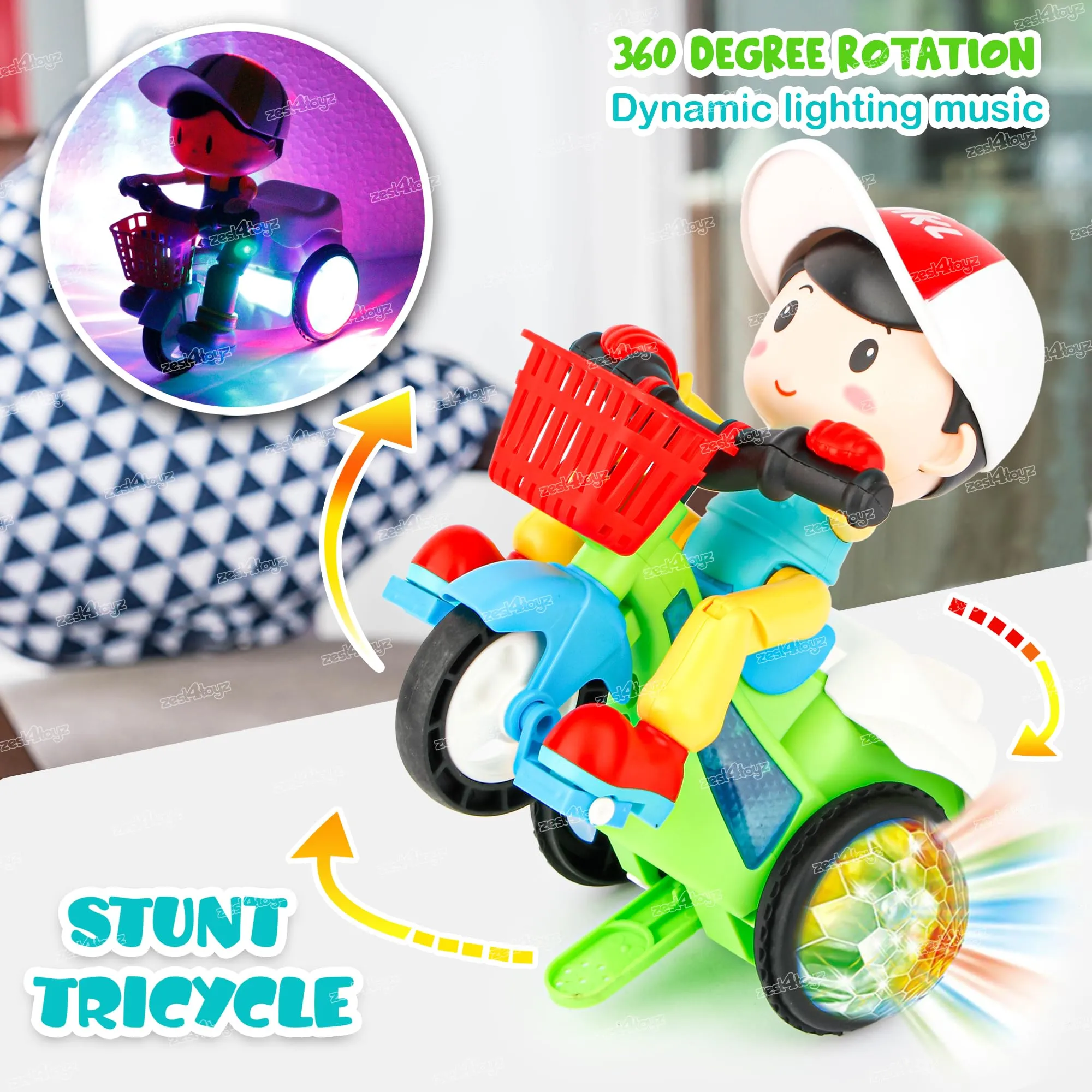 Zest 4 Toyz Stunt Tricycle Bump and Go Musical Toy with 4D Lights, Dancing Toy, Battery Operated Toy Plastic for Boys Girls - Multi Color