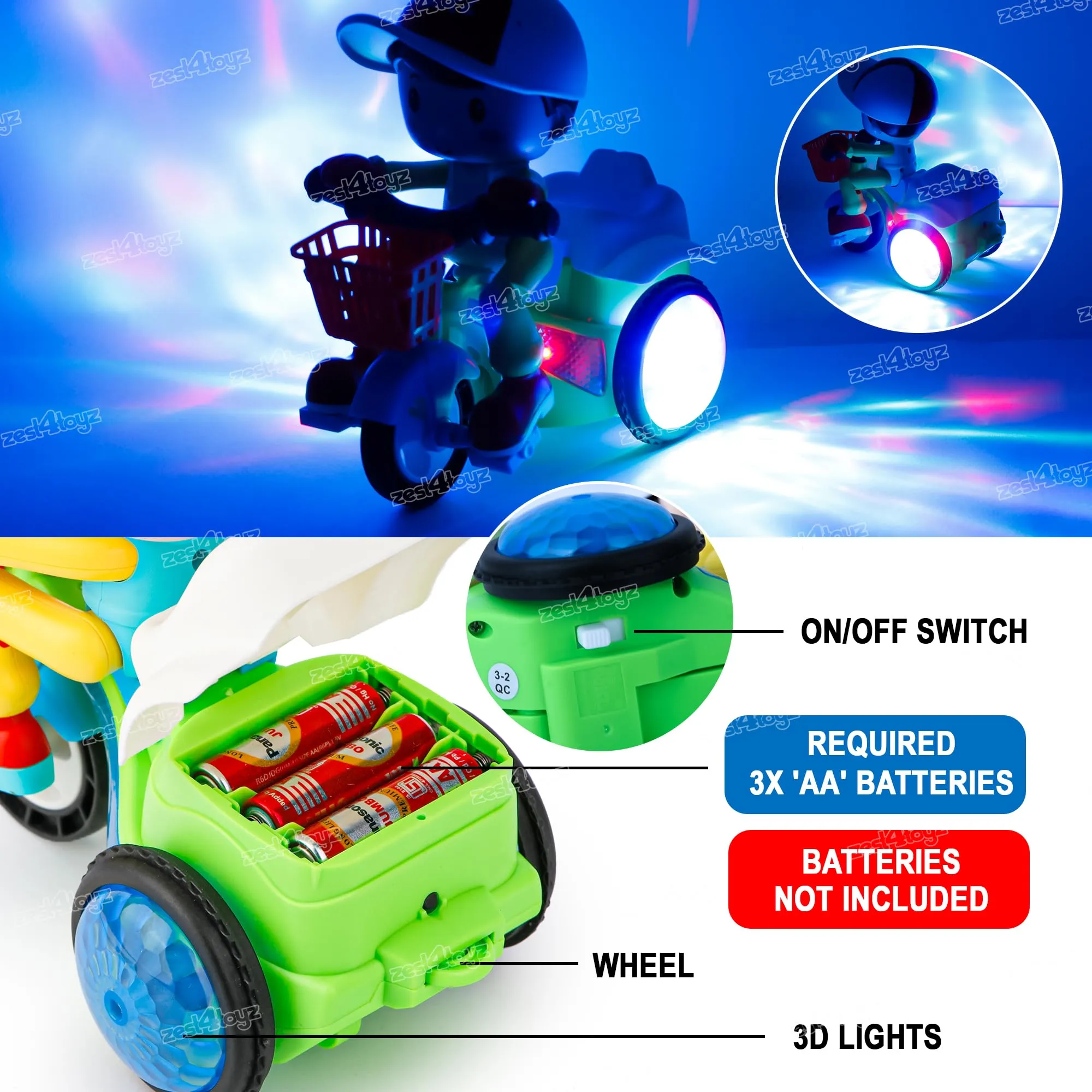 Zest 4 Toyz Stunt Tricycle Bump and Go Musical Toy with 4D Lights, Dancing Toy, Battery Operated Toy Plastic for Boys Girls - Multi Color